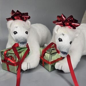 2 AnnaLee White Polar Bear 2009 Opening Christmas Gift Present Ribbon Bow Lot